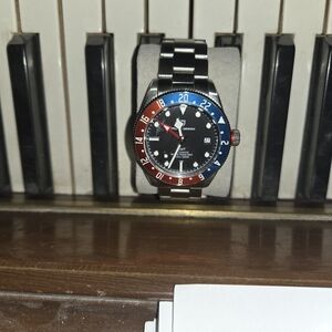 Men's Black Dial Watch with Red and Blue Accents